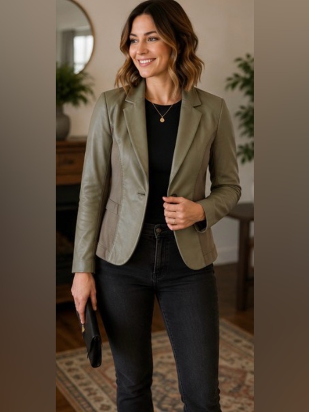 Pink Tartan Genuine Leather Mixed Media Blazer Jacket Olive Size M